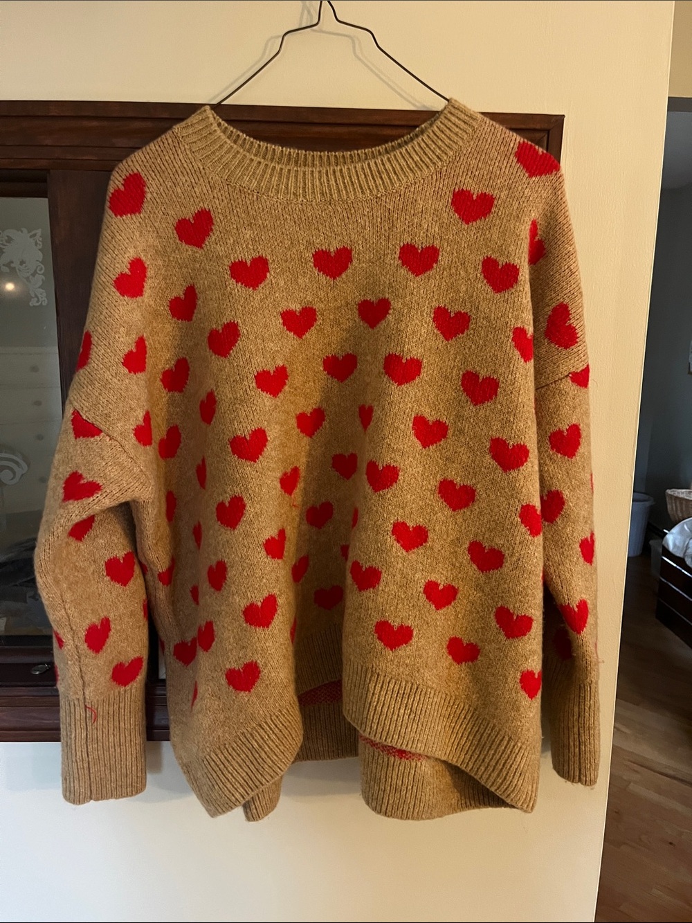 Vince Camuto Tan Crewneck Sweater with Red Heart Pattern